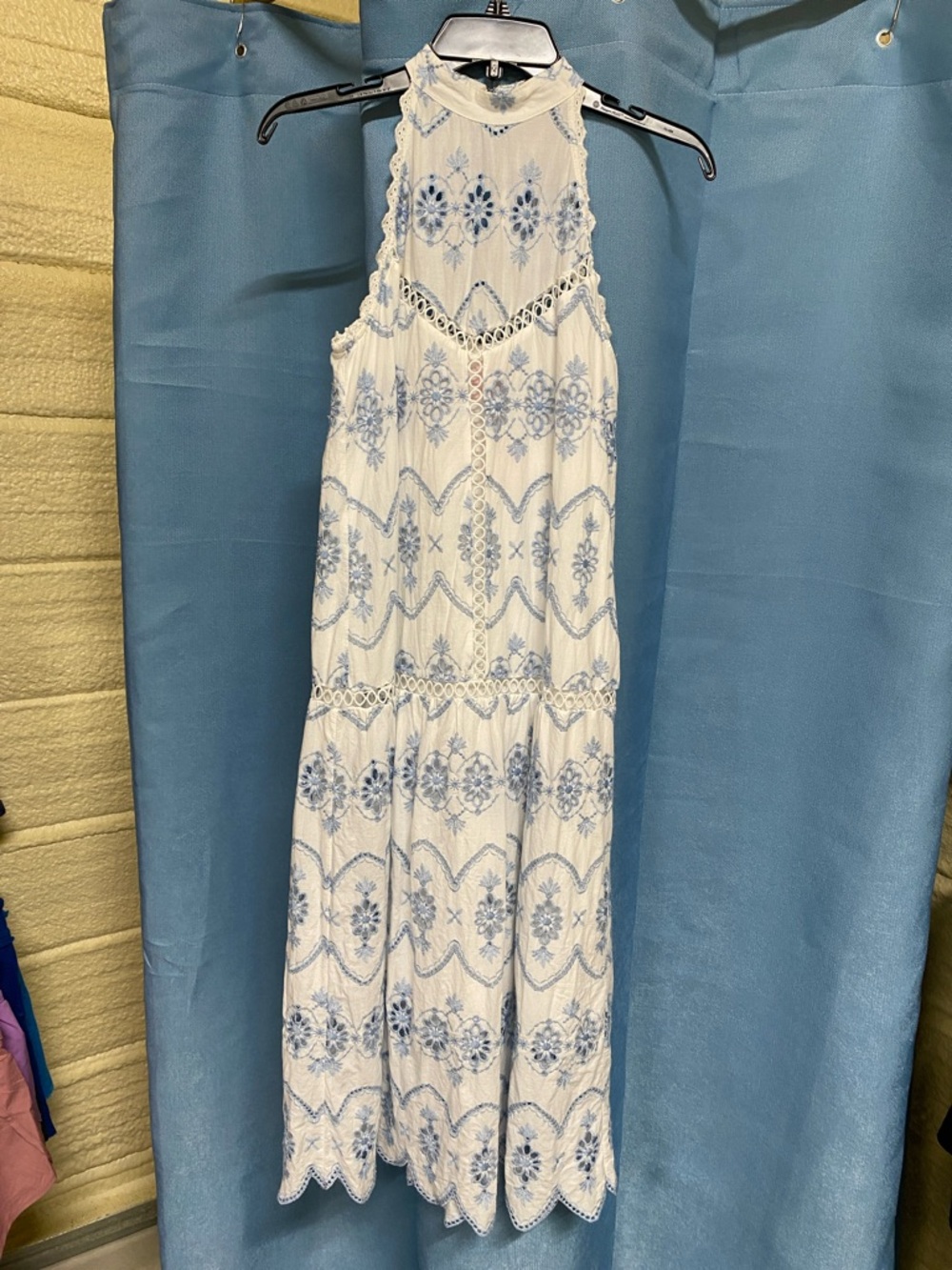 Betsey Johnson White Maxi Dress with Light Blue Embroidery